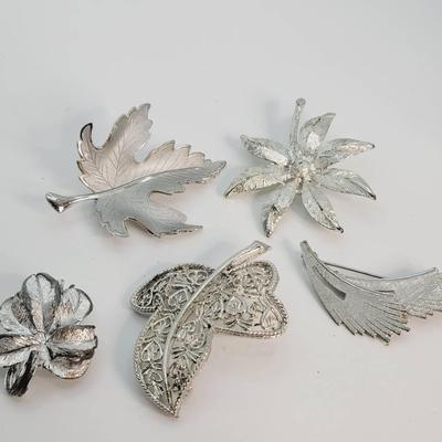 5 Pc Leaf Pins Silver Tone Filigree and Mod Style
