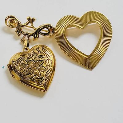 2 Pc Heart Pins Gold Tone - One is a Locket
