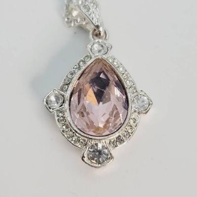 Pink Rhinestone Drop Pendant with Silver Tone Chain