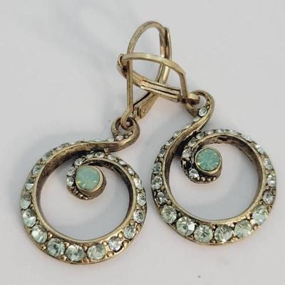 Art Deco Swirl Green and Clear Rhinestone Earrings