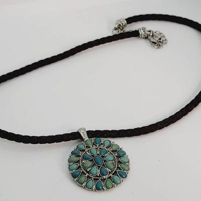 Chaps Southwestern Style Pendant Necklace -Turquoise Silver Tone and Brown