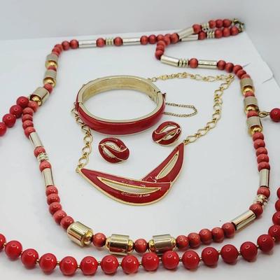 Red, Gold Tone, Enamel, Wood, and Metal Jewelry Lot