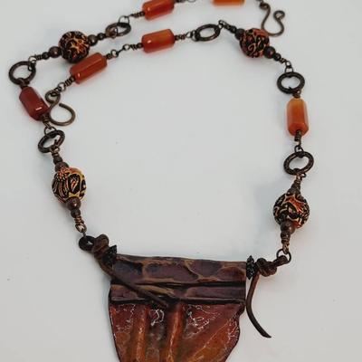 Artisan Copper Leather Carnelian Necklace Artsy Boho