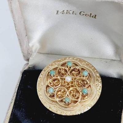 14k 585 Turquoise and Pearl Pin Pendant with Filigree Detail Antique 
