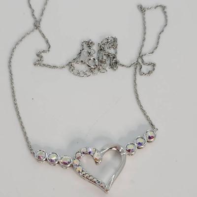Aurora Borealis Heart Necklace Silver Tone 