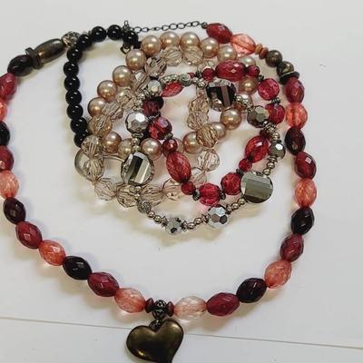 Heart Necklace with Coordinating Bracelets - Raspberry Champagne Metallics