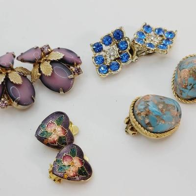 4 Pr Purple & Blue Vintage Clip Earrings - Cloisonne Glitter Glass Rhinestone Moonglow