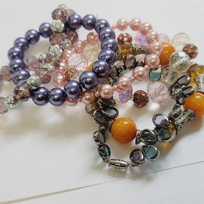 Glam Bracelets 6pc Stretch Pink Purple Blue Faux Butterscotch