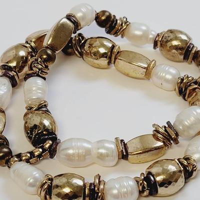 Real Pearl and Gold Tone Double Strand Bracelet