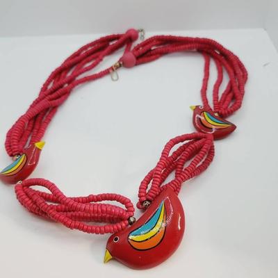 Hand-painted Carved Wooden Bird Necklaces from Philippines 