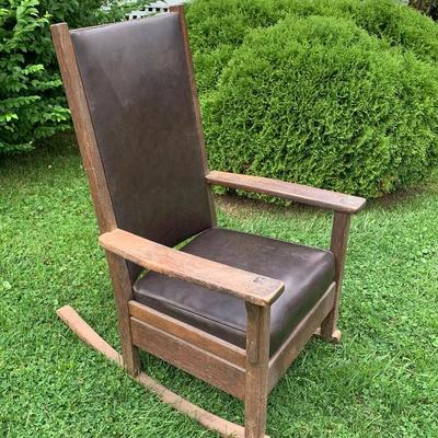 Arts and Crafts oak rocker made by and labeled J.M. Young & Sons. A small family business equal in quality and design to Stickley