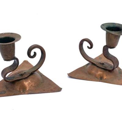 Sale Photo Thumbnail #195: Vtg. pr. of Erhard Glander Arts & Crafts copper candlesticks