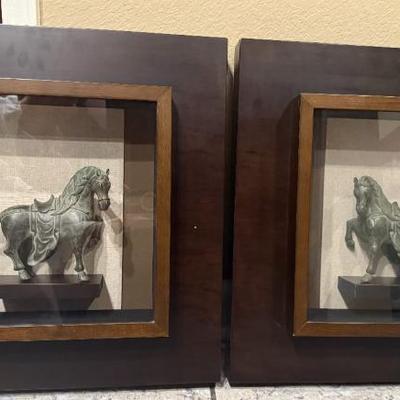 Sale Photo Thumbnail #6: Pair of Bronze Tang-style horses in shadowbox frames, Reproduction,