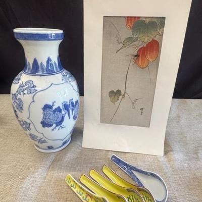 Gyosui Suzuki woodcut Bee on Lantern Fruit, Japanese Porcelain Ware And Vase