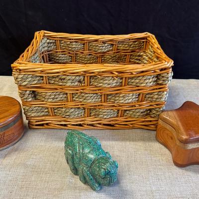 Wicker Keepsake Basket, Wooden Trinket Boxes, And Stone Composite Grasshopper Paper Weight. 