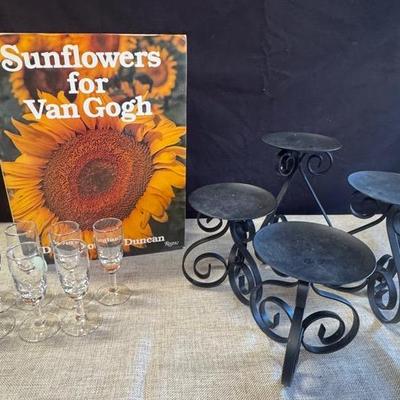 “Sunflowers For Van Gogh” Book, Small Drinkware (7), And Vintage Metal Candle Holders (4)
