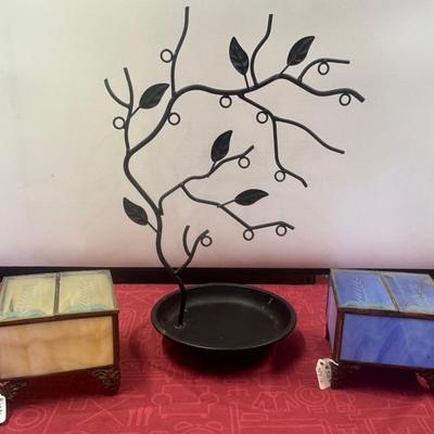Vintage Glass Trinket Boxes (2), and A Jewerly Tree 