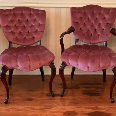 Pair Of Victorian Style Rose Velvet Button Tufted Chairs  