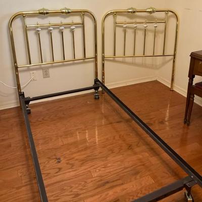 Pair Of Twin Brass Headboards With Ceramic Embellishments Includes Bed Frames 