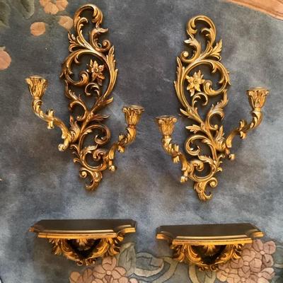 Gold Metallic Wooden Sconces And Shelves Pair