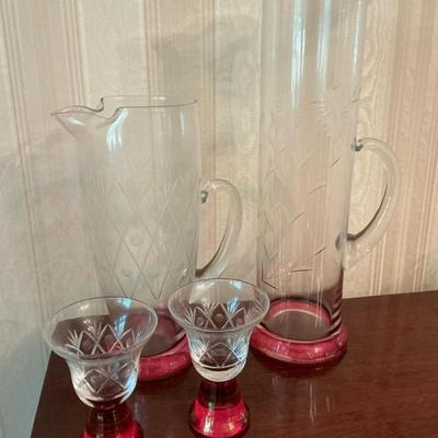 VTG Pink Base Etched Glass Pitchers And Glasses