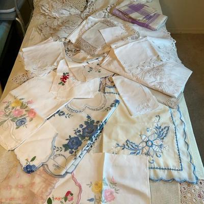 Vintage Table Linens And Doilies Plus 2 Twin Handstitched Bedspreads- Over 75 Pieces