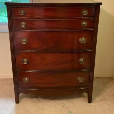 Vintage Mahogony Bow Front Chest With Brass Hardware By Dixie Furniture 