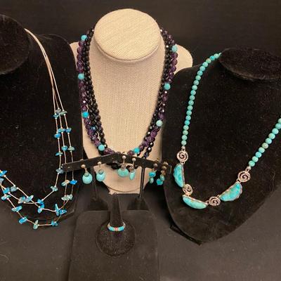 Turquoise & Black Toned Beaded Necklaces, Earrings & Ring