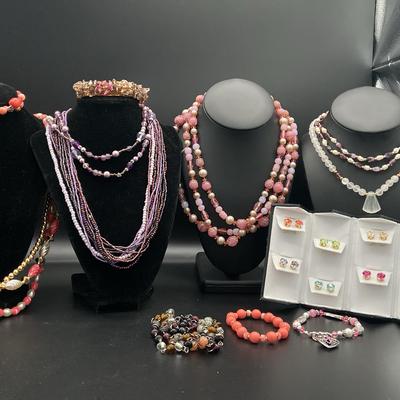 Pink And Purple Beaded Costume Jewelry 