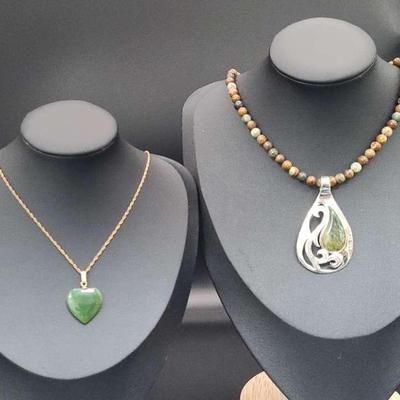 925 Beaded Necklace With 1/26 14K Gold Chain With Green Heart Pendant 