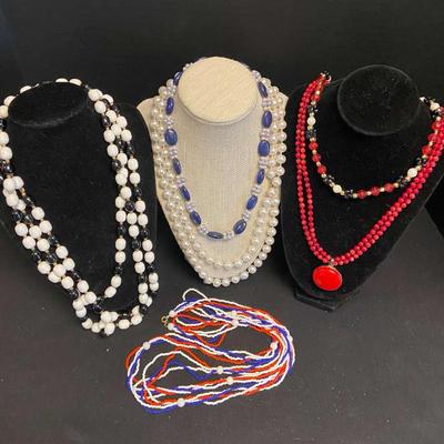Vintage Red, White, Blue & Black Beaded Necklaces By Marvella & More