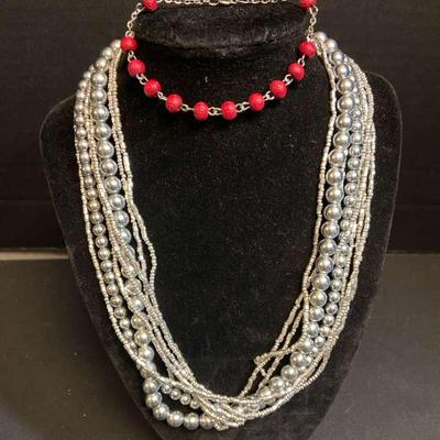 Lonnie Lovness Silver Multi Strand Beaded Necklace With Bracelet