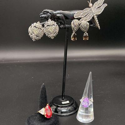 Sterling Silver Earrings, Dragonfly Broach And Rings 