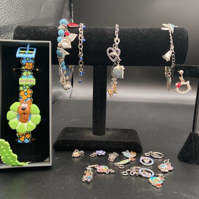 Children’s Charm Bracelets 1 Sterling Silver, With Charms, Clip On Earrings And Scooby Doo Watch