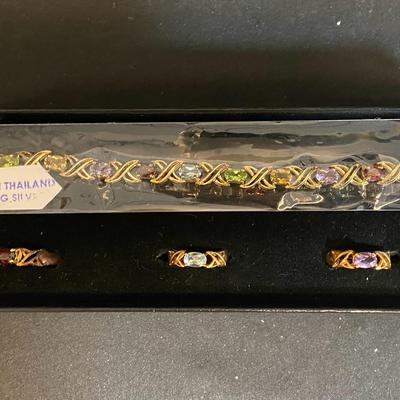 Technibond Gold Plated Over .925 Silver Bracelet With Lab Created Gems & Matching Rings