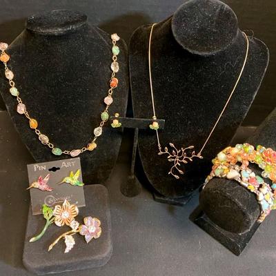 Nolan Miller Country Garden Flower Swarorski Rhinestone Pins, Vintage Caged Gemstone Necklace & More