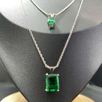 Pair Of Sterling Silver Necklaces With Green Pendants