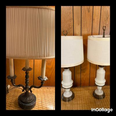 Trio Of Table Lamps-Milkglass/Brass