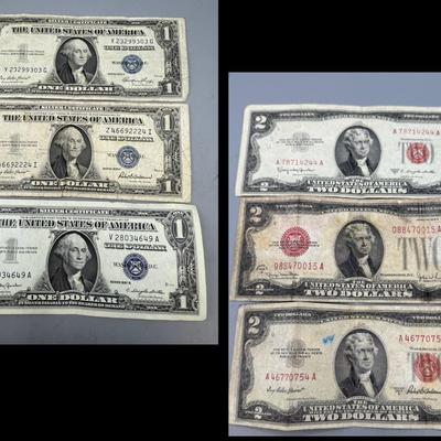 US Currency Lot Of 6 Red Seal $2 Bills And Silver Certificates 