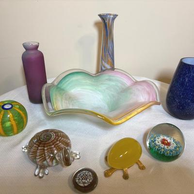 Vintage Art Glass Paperweights, Vases, Bowl