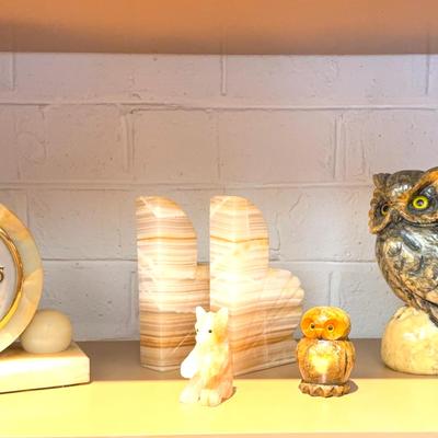 Alabaster Clock, Book Ends, And Decor Items