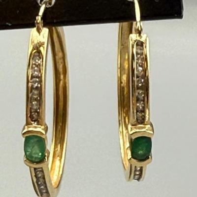 14k Yellow Gold Emerald & Diamond Hoop Earrings 