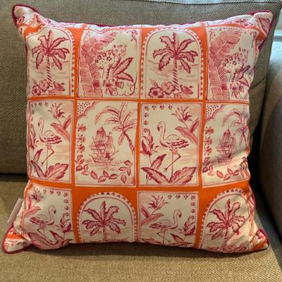 Throw Pillow - Red Panels | Throw pillow featuring detailed red-rust panels adorned with flamingos, historic sailboats, jaguars, and palm...