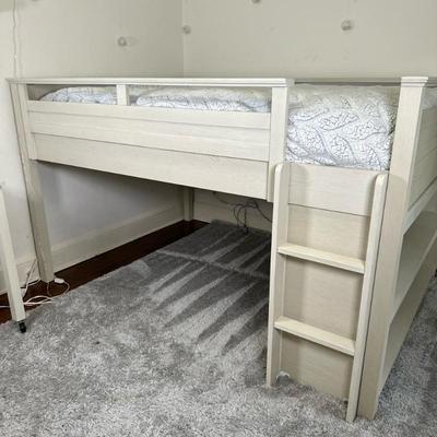 (3pc) Bedroom Set - Desk, Bed & Dresser | White-painted desk with side storage shelves: H. 29.5" x w. 42" x d. 19"...