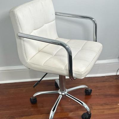 Swivel Desk Chair - White | Swivel desk chair with white-colored faux leather upholstery, metal arms, and a wheeled base for easy...