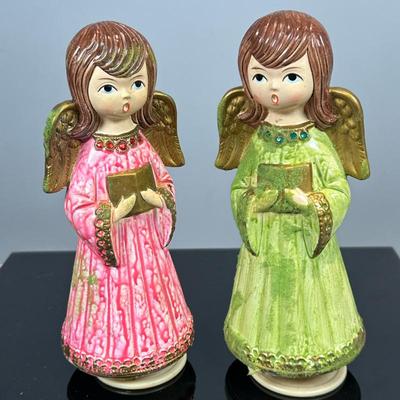 (2pc) Ceramic Angel Figurines | Pair of vintage ceramic figurines, featuring angels seemingly singing hymns in colorful jeweled robes. -...