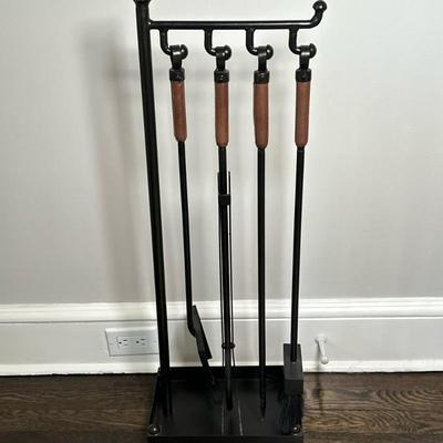 (5pc) Pottery Barn Industrial Fireplace Tools | Pottery Barn industrial-style fireplace tool set in iron and zinc with a dark bronze...