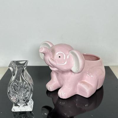 (2pc) Waterford Posy Vase & Pink Elephant Planter | Waterford Crystal "Athens" pattern posy vase: h. 4.75" x w....