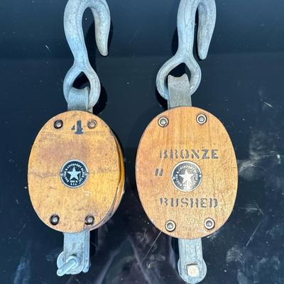 (2pc) Block-and-Tackle Maritime Rigging Pulleys | Vintage (early 20th century) Boston & Lockport Block Company (Lockport, New York)...