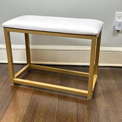 Modern Bench with Faux Leather Seat | Modern style bench with gold painted base and faux leather white seat cushion. - h. 18 x w. 23 x d....